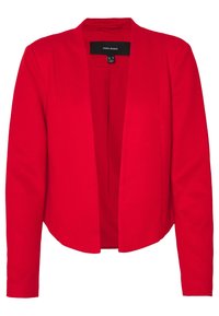 Röd kavaj med öppen front och långa ärmar, utan synliga knappar, märkt Vero Moda, uppvisad mot en vit bakgrund.