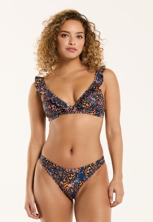 Black floral bikini featuring ruffled straps, vibrant multicolored patterns, and a triangle bralette design with matching bottom.