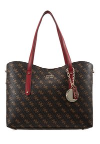 Tas uitgevoerd in een zwart synthetisch materiaal met patroon, voorzien van handvatten van rood leer. Voorzien van een metalen hanger en een goudkleurig logo. Vierkante vorm.