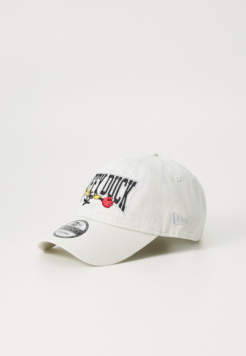 White cotton cap with embroidered "LEFT DUCK," yellow flowers, and red accents. Curved visor and adjustable strap at the back.