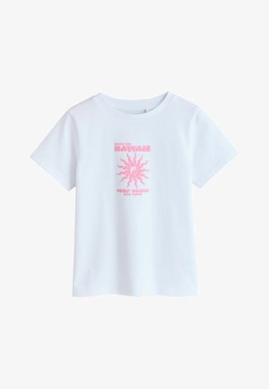 Biała koszulka z krótkim rękawem z różowym motywem słońca i yin-yang, z napisem "Hawaje", "Surf Point" i "Sea View" na środku przodu.