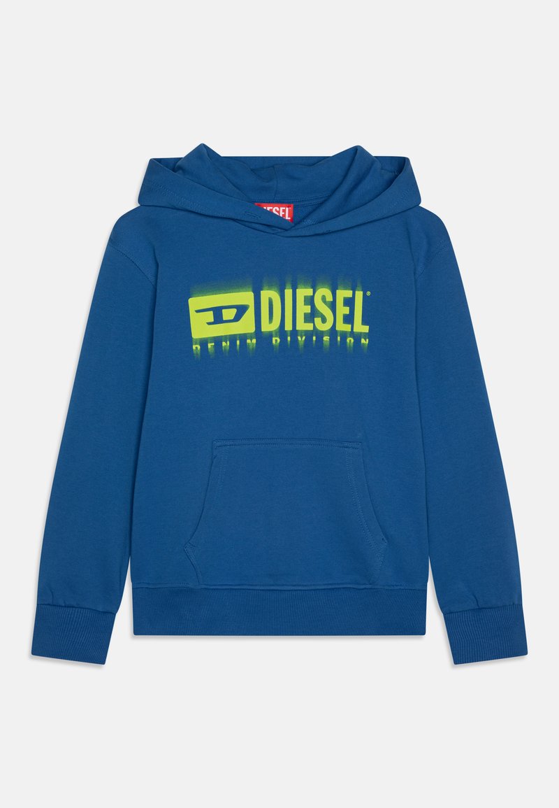 Felpa blu in cotone, con tasca frontale, polsini a coste e un audace logo DIESEL giallo e verde sulla parte anteriore.