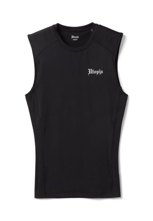 Débardeur de sport noir avec le texte « Utopia » imprimé en blanc sur le côté gauche de la poitrine, col rond et coupe ajustée.
