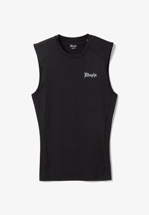 Débardeur de sport noir avec le texte « Utopia » imprimé en blanc sur le côté gauche de la poitrine, col rond et coupe ajustée.