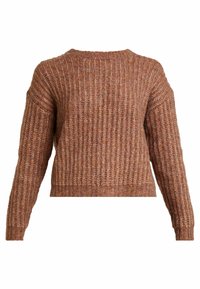 Pull marron à côtes, design court, manches longues, encolure bateau, tricot texturé, motifs de tricot bien visibles et ourlet résistant.