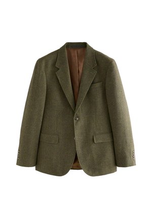 Olivgrön tweedblazer med ett fiskbensmönster, notklappor, två framfickor och knappade manschetter med metalliska detaljer.