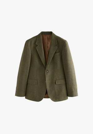 Olive green tweed blazer featuring a herringbone pattern, notch lapels, two front pockets, and buttoned cuffs with metallic accents.