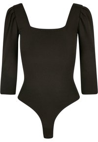 Svart body med firkantet utringning, trekvartermidlermer og tettsittende design. Laget av glatt materiale med tanga-kutt nederst.