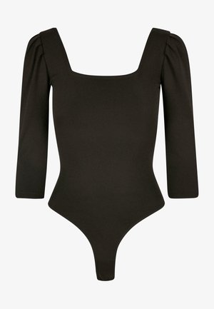 Črn bodi z kvadratnim izrezom, rokavi do tri četrtine in oprijet dizajn. Narejen iz gladkega materiala s tangico na dnu.