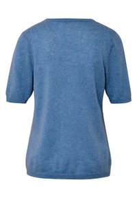 Kurzärmeliger blauer Pullover mit rundem Halsausschnitt und weicher Textur. Das Design ist einfach und zeigt eine einfarbige Oberfläche ohne Muster.