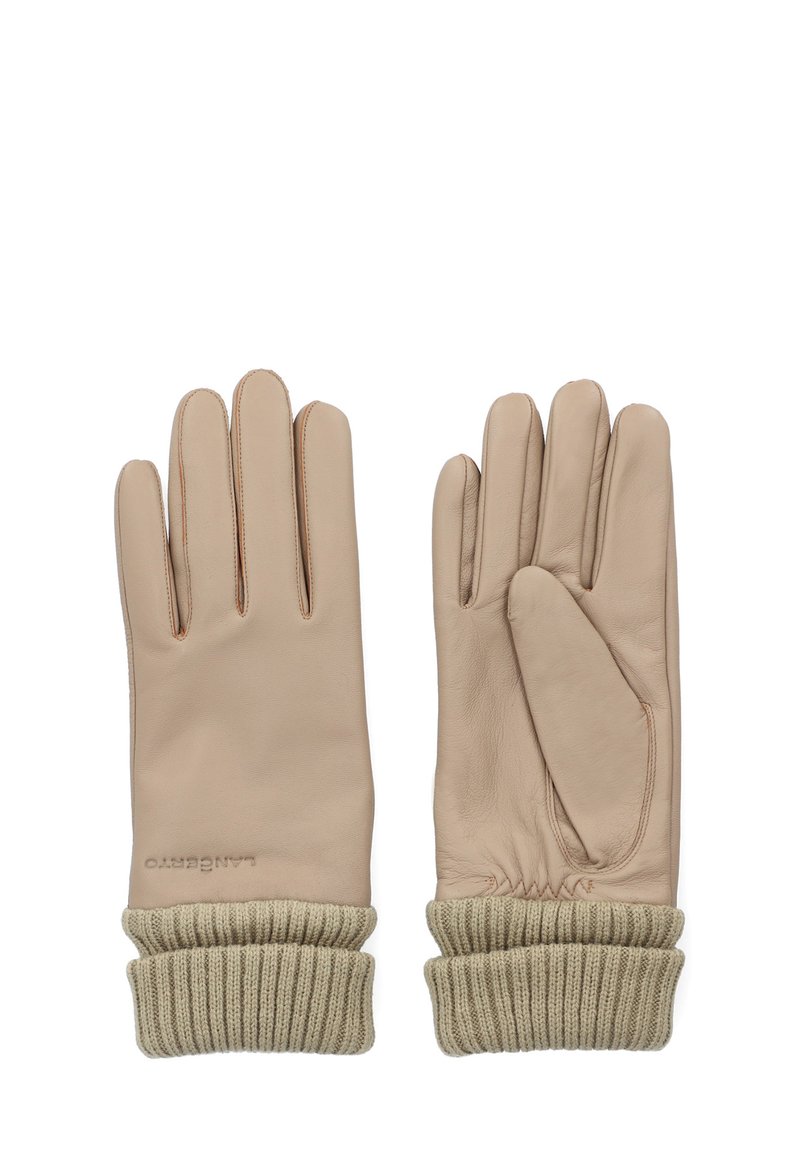 Beżowe skórzane rękawiczki z ribbowanym mankietem. Rękawiczki mają pięć palców oraz subtelne detale w postaci stębnowania.