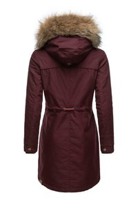 Burgundy parka jacket featuring a faux fur hood, adjustable waist tie, and long sleeves with buttoned cuffs. Smooth fabric texture.
