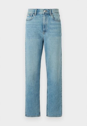 Blugi din denim albastru deschis, cu croială dreaptă, design cu cinci buzunare și închidere cu nasturi. Prezintă o decolorare subtilă și tiv standard.