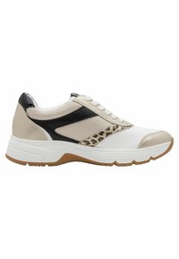 Sneakers with a white synthetic toe, beige mesh, black accents, and a leopard print detail. Cushioned sole with a gum rubber outsole.