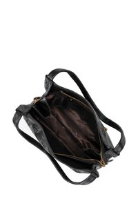 Sac en cuir noir avec un extérieur texturé, des poignées doubles et un intérieur spacieux avec une doublure sombre et un compartiment zippé.