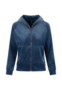 Haut de gamme en polaire bleu marine avec fermeture éclair, fabriqué en tissu doux et texturé, doté d'une capuche, de poches avant et de manches raglan. Fermeture éclair lisse.