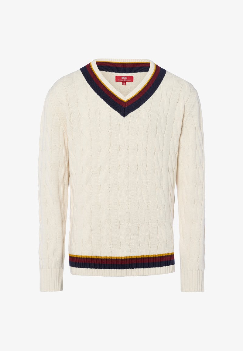 Pull en maille torsadée crème avec un col en V ; présente un col et un ourlet rayés multicolores dans les tons marine, bordeaux et or. Texturé avec des poignets côtelés.