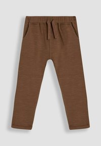 Brown sweatpants with an elastic waistband, drawstring, and two side pockets. Soft texture with a subtle heathered pattern.