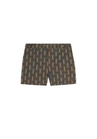 Shorts gemaakt van stof met een geometrisch patroon, met rechthoeken in bruine, beige en blauwe tinten. Beschikbaar met een tailleband met meerdere knopen.