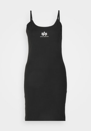 Abito nero a canotta realizzato in tessuto elastico. Presenta sottili spalline e un logo frontale in bianco. Silhouette dritta con orlo fino al ginocchio.