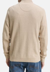 Beige gebreide trui met hoge kraag, gestructureerde stof, lange mouwen en ribgebreide manchetten. Achteraan zichtbaar een gladde afwerking zonder zichtbare logo's.