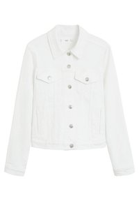 Chaqueta de mezclilla blanca con cuello, botones plateados, dos bolsillos en el pecho y bolsillos laterales. Presenta un diseño ajustado con mangas largas.