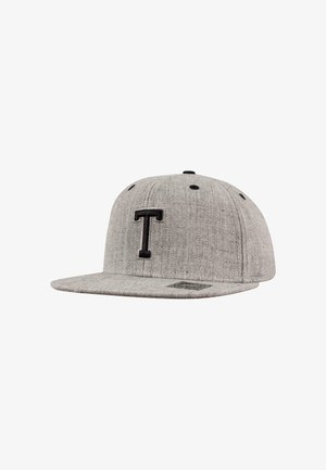 Gray snapback cap made of textured fabric, featuring a black embroidered letter "T" on the front and a flat brim. Black accents include button and ventilation holes.