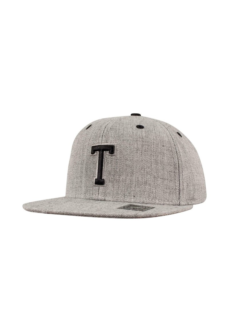 Grå snapback caps laget av teksturert stoff, med en svart brodert bokstav "T" på fronten og en flat brem. Svart detaljer inkluderer knapp og ventilasjonshull.