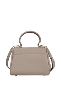 Borsa a mano in pelle beige con forma strutturata, manico superiore, tracolla regolabile e dettagli in metallo color oro. Superficie testurizzata.
