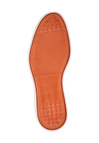 Gummisohle in Orange mit strukturierten Oberflächen. Verfügt über einen weißen Rand und kreisförmige Griffmuster in der Nähe der Ferse. Größe angegeben als 42.