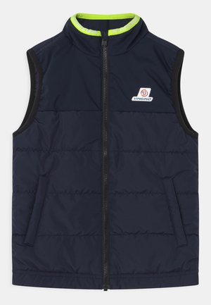 Marineblauer gepolsterter ärmelloser Weste mit vorderem Reißverschluss, seitlichen Taschen, hohem Kragen mit neonfarbener Einfassung und einem Vingino-Logo auf der Brust.