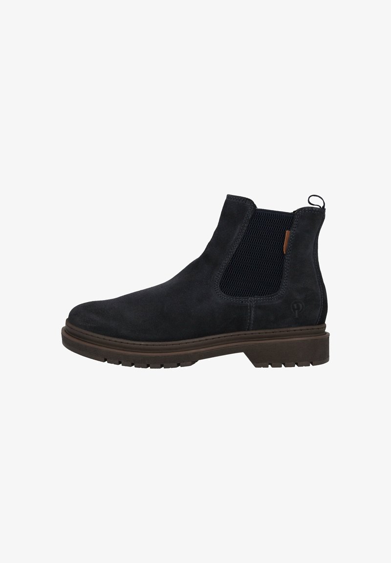 Botas Chelsea de ante negro con paneles laterales elásticos, tirador y suela de goma texturizada. Parte superior suave y detalles de costura sutiles.