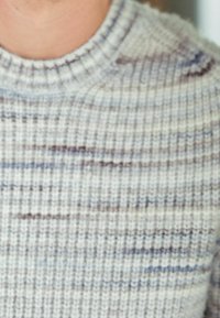 Pull en tricot avec un col rond, fabriqué en tissu doux, avec une base gris clair et de subtiles rayures horizontales dans des tons de bleu et de marron.