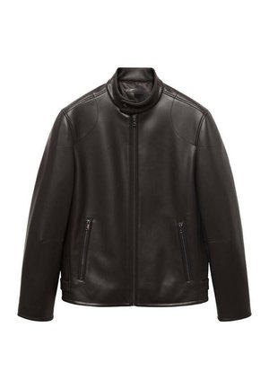 Veste en cuir noir avec un col montant, fermeture éclair à l'avant et deux poches zippées. Texture lisse, coupe ajustée et sans motifs visibles.