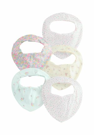 Five soft fabric baby bibs with floral patterns in pastel shades, each featuring a snap closure at the neck.
