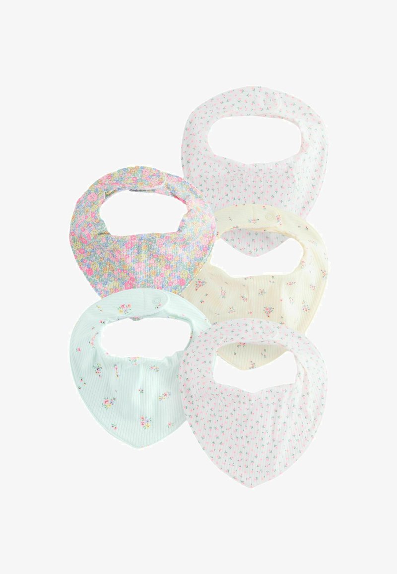 Five soft fabric baby bibs with floral patterns in pastel shades, each featuring a snap closure at the neck.