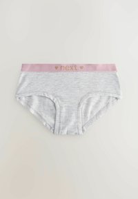 Brief in cotone grigio con una vita elasticizzata rosa. La vita presenta la scritta "next" in lettere dorate e piccoli cuori decorativi.
