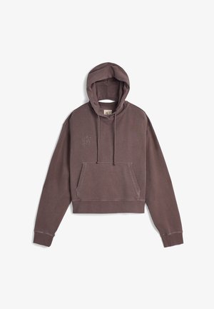 Brown cropped hoodie with a front pocket, drawstring neck, ribbed cuffs, and embroidered design on the chest. Soft cotton material.