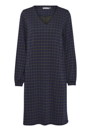 Navyblauwe jurk met een V-hals, lange mouwen en een groen ruitpatroon. Gemaakt van zachte stof met een relaxte pasvorm. Heeft een eenvoudig ontwerp.