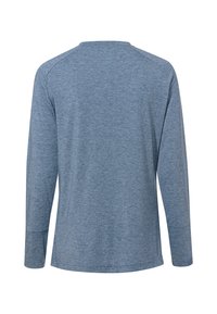 Chemise à manches longues en tissu bleu clair chiné, avec un col rond et des manches raglan, offrant une texture lisse et douce.
