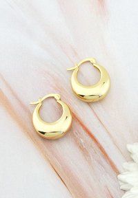 Orecchini a cerchio in oro con un design liscio e arrotondato e superficie lucidata, dotati di una chiusura sicura e di una forma a mezzaluna.