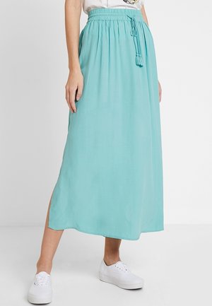Lange, licht turquoise rok met elastische taille en trekkoordsluiting, voorzien van zijslitten en een gladde textuur.
