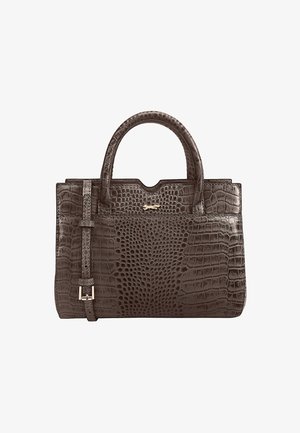 Dunkelbraune Lederhandtasche mit Krokodilprägung, zwei Griffen, verstellbarem Riemen und einem subtilen metallic Akzent an der Vorderseite.