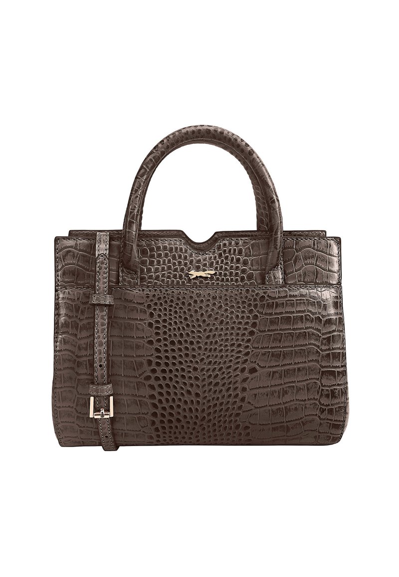 Donkerbruin leren handtas met krokodillenstructuur, twee handvaten, een verstelbare schouderband en een subtiele metallic accenten aan de voorkant.