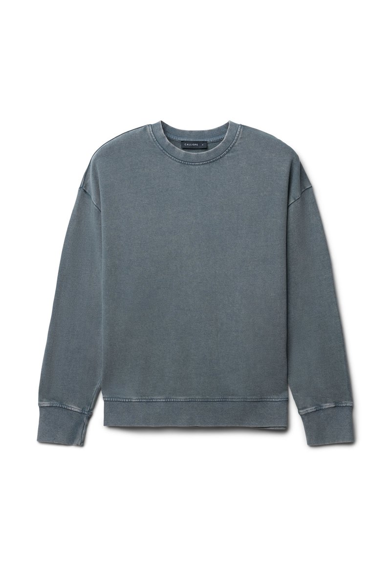 Felpa in cotone grigio sbiadito, girocollo, maniche lunghe, polsini e fondo a costine, vestibilità rilassata con dettagli di cucitura in vista.