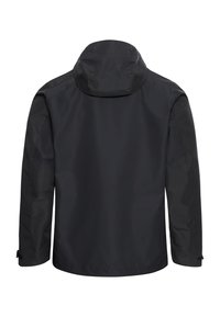 Schwarze wasserdichte Jacke mit Kapuze, langen Ärmeln und strukturierter Oberfläche. Verfügt über verstellbare Bündchen und ein glattes, nahtloses Design.