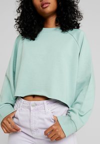 Krótka bluza w miętowym kolorze, wykonana z miękkiej tkaniny, z rękawami raglanowymi. Połączona z wysokim stanem jeansów w jasnym fioletowym odcieniu, zapinanych na guziki.