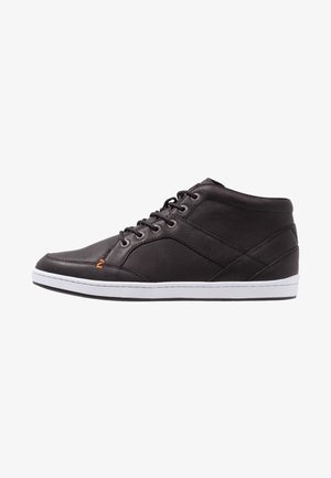Black leather high-top sneakers with white rubber soles, featuring round laces and an understated design with a small orange accent.