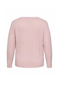 Roza pletena jopica z volno strukturo, rebrastimi manšetami in robom ter okroglo izreza. Mehka tekstura in sproščen kroj.