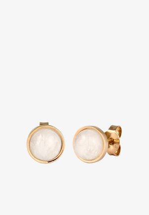 Guld-tone cirkulære studs med klare stencentre. Glat tekstur, enkelt design, med sikre push-back lukninger.